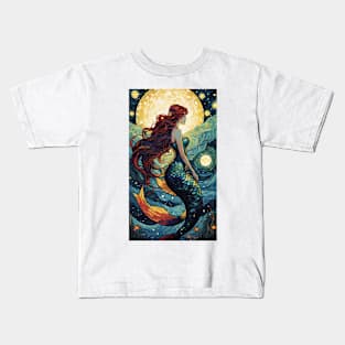 Starry Night Mermaid: Van Gogh-Inspired Underwater Symphony Kids T-Shirt